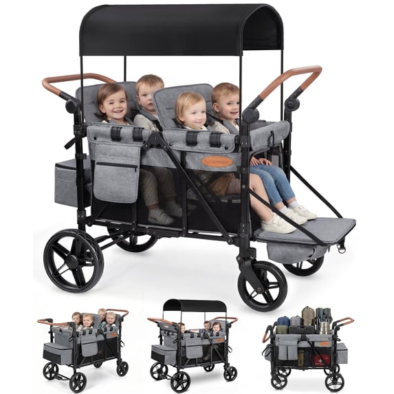 Vomeast Upgrade Wagon Stroller for 4 Kids, 4-Seater Outdoor Baby Stroller Wagon with Canopy, 5-Point Harness, Adjustable Handle(Grey)