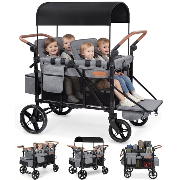 Vomeast Upgrade Wagon Stroller for 4 Kids, 4-Seater Outdoor Baby Stroller Wagon with Canopy, 5-Point Harness, Adjustable Handle(Grey)