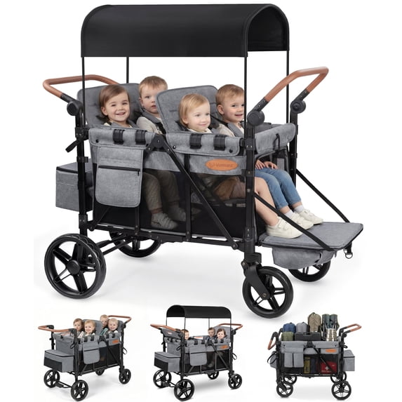 Vomeast Upgrade Wagon Stroller for 4 Kids, 4-Seater Baby Stroller Wagon with Canopy, 5-Point Harness, Adjustable Handle(Grey)