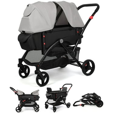 Vomeast Wagon Stroller with Canopy, 2-Seat Stroller Wagon for Kids, 5-Point Harness, Foldable, Gray & Black