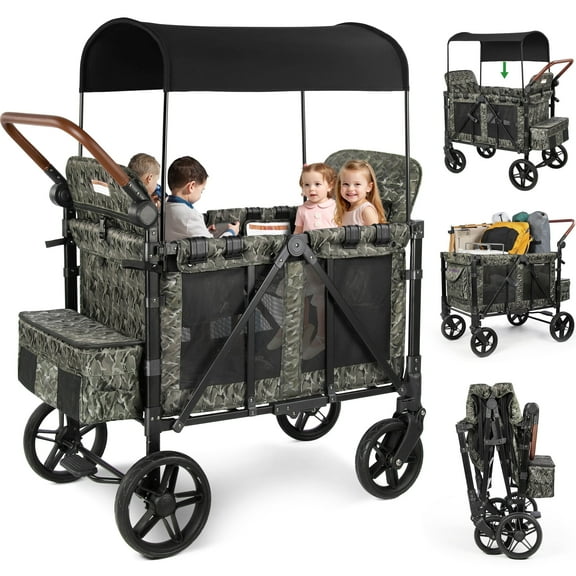 Vomeast Wagon Stroller for 4 Kids, 3-in-1 Stroller Wagon with Canopy, 5-Point Harness, Adjustable Handlebars, Removable Seat for Toddlers, Camo Green