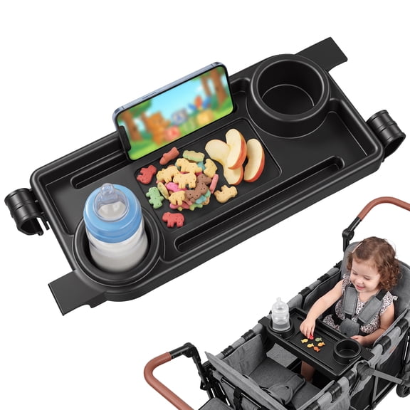 Vomeast Wagon Stroller Snack Tray with Cup Holders, Snack & Activity Tray for 2 Seater, Easy to Install and Clean,Black