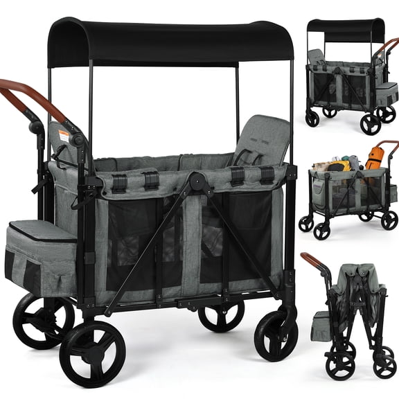 Vomeast Wagon Stroller for 2 Kids, 3-in-1 Outdoor Baby Stroller Wagon with Canopy, 5-Point Harness, Grey