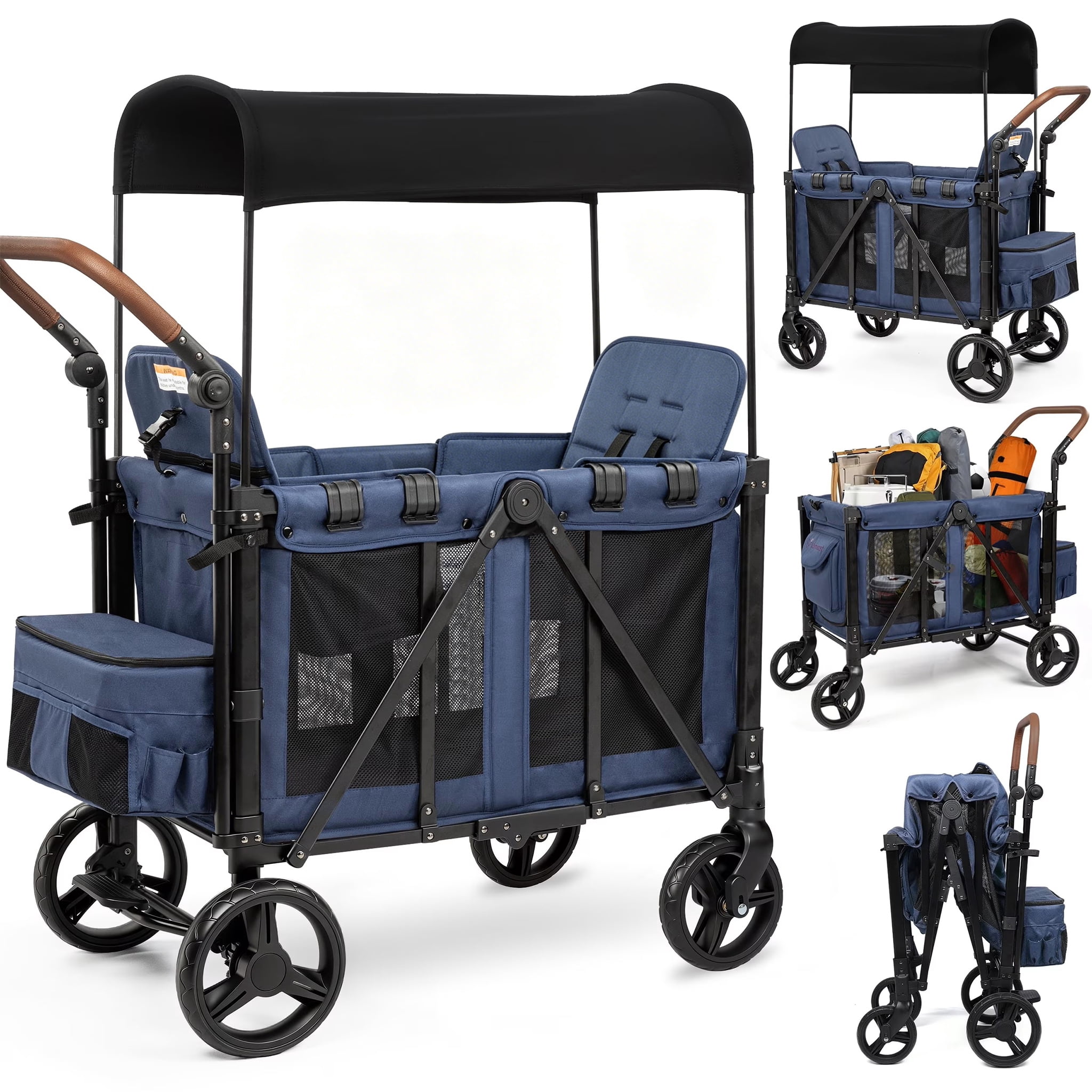 Vomeast Wagon Stroller for 2 Kids, 3-in-1 Outdoor Baby Stroller Wagon with Canopy, 5-Point Harness, Adjustable Handlebars, Removable Seat for Toddlers, Blue