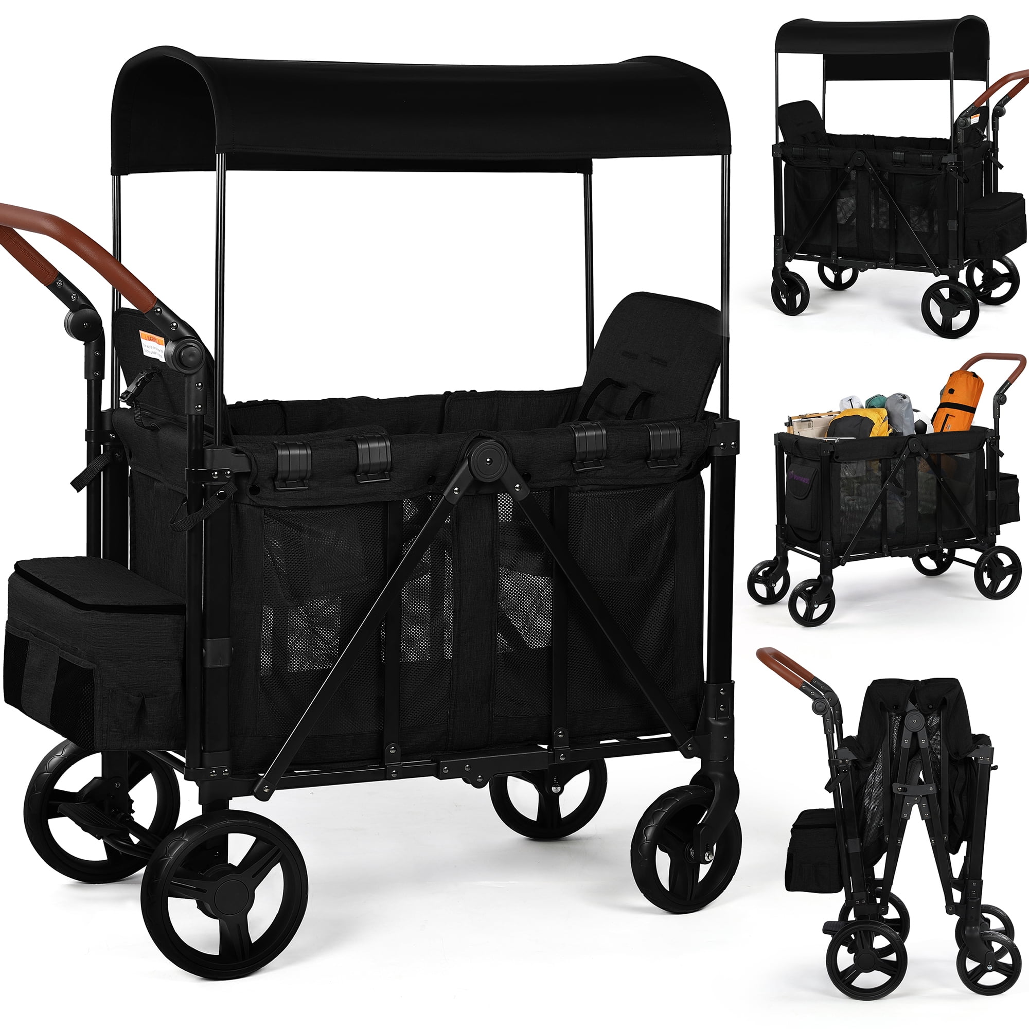 Vomeast Wagon Stroller for 2 Kids, 3-in-1 Outdoor Baby Stroller Wagon with Canopy, 5-Point Harness, Adjustable Handlebars, Removable Seat for Toddlers, Black