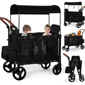 Vomeast Wagon Stroller for 2 Kids, 3-in-1 Outdoor Baby Stroller Wagon with Canopy, 5-Point Harness, Adjustable Handlebars, Removable Seat for Toddlers, Black