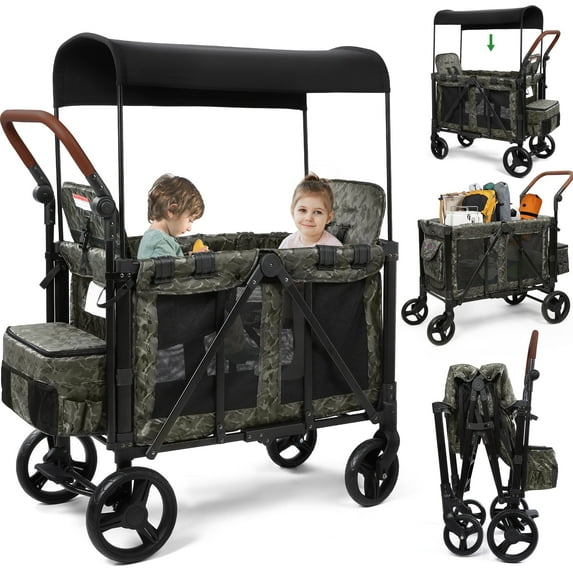 Vomeast Wagon Stroller for 2 Kids, 3-in-1 Stroller Wagon with Canopy, 5-Point Harness, Adjustable Handlebars, Removable Seat for Toddlers, Camo Green