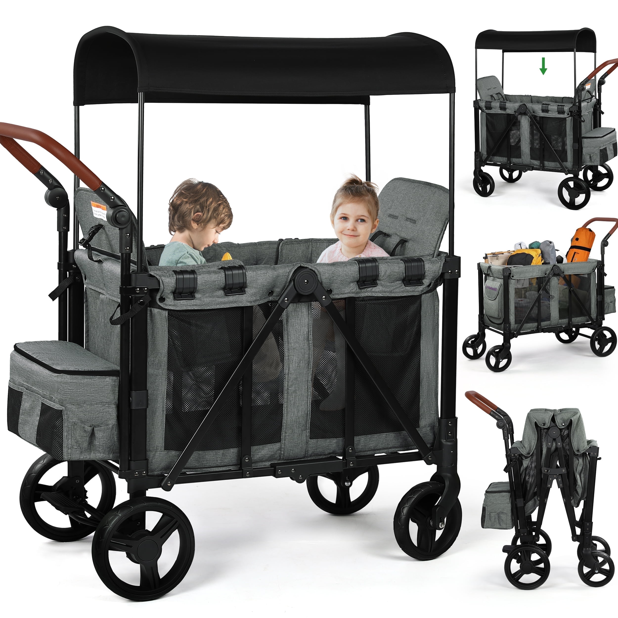 Vomeast Wagon Stroller for 2 Kids 3 in 1 Wagon Stroller with Canopy Adjustable Handlebars Removable Seat for Toddlers