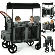 Vomeast Wagon Stroller for 2 Kids, 3-in-1 Wagon Stroller with Canopy, 5-Point Harness, Adjustable Handlebars, Removable Seat for Toddlers, Grey