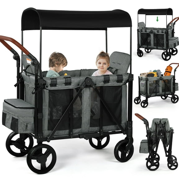 Vomeast Wagon Stroller for 2 Kids, 3-in-1 Stroller Wagon with Canopy, 5-Point Harness, Adjustable Handlebars, Removable Seat for Toddlers, Grey