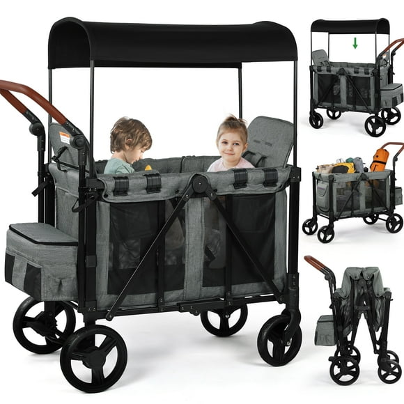 Vomeast Wagon Stroller for 2 Kids, 3-in-1 Stroller Wagon with Canopy, 5-Point Harness, Adjustable Handlebars, Removable Seat for Toddlers, Grey