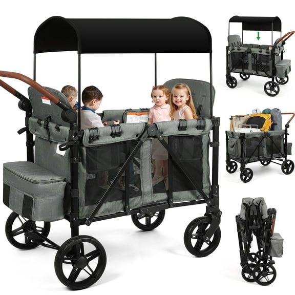Vomeast Wagon Stroller for 4 Kids, 3-in-1 Stroller Wagon with Canopy, 5-Point Harness, Adjustable Handlebars, Removable Seat for Toddlers, Grey