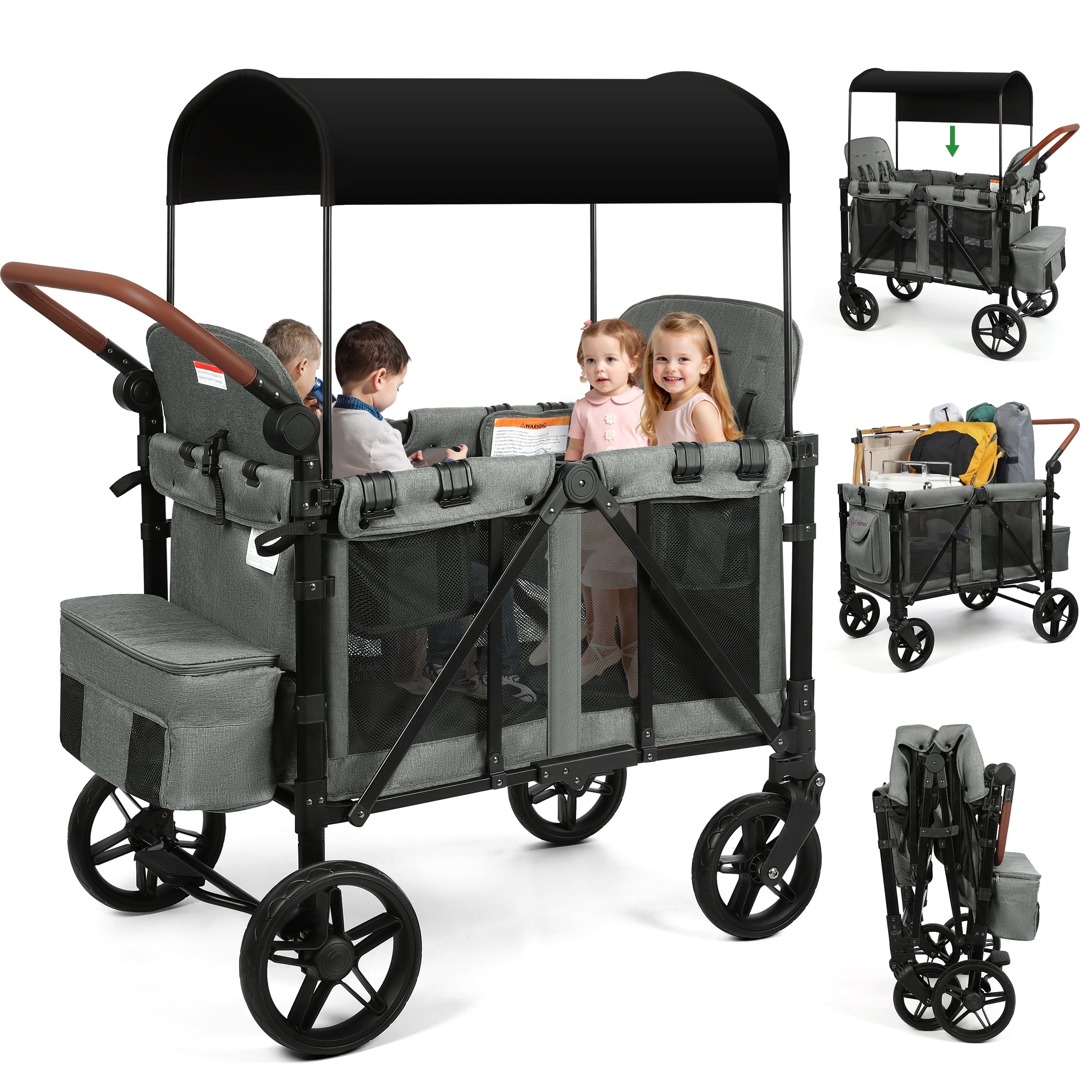 Vomeast Wagon Stroller for 4 Kids, 3-in-1 Wagon Stroller with Canopy, Adjustable Handlebars, Removable Seat for Toddlers