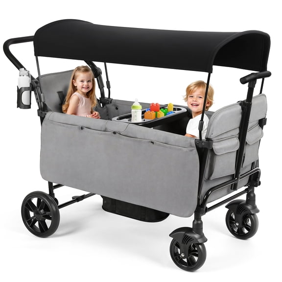 Vomeast Wagon Stroller for Kids,Spacious 2-Seater Stroller Wagon with Adjustable Canopy,Pull & Push Handle,5-Point Harness,Foldable for Toddlers, Grey