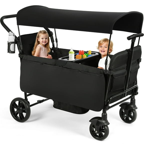 Vomeast Wagon Stroller for Kids, Spacious 2-Seater Stroller Wagon with Adjustable Canopy, Pull & Push Handle, 5-Point Harness, Foldable for Toddlers, Black