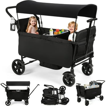 Vomeast Wagon Stroller for Kids, Spacious 2-Seater Stroller Wagon with Adjustable Canopy, Pull & Push Handle, 5-Point Harness, Foldable for Toddlers, Black