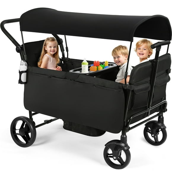 Vomeast Wagon Stroller for Kids, Spacious 4-Seater Stroller Wagon with Adjustable Canopy, Pull & Push Handle, 5-Point Harness, Foldable for Toddlers, Black