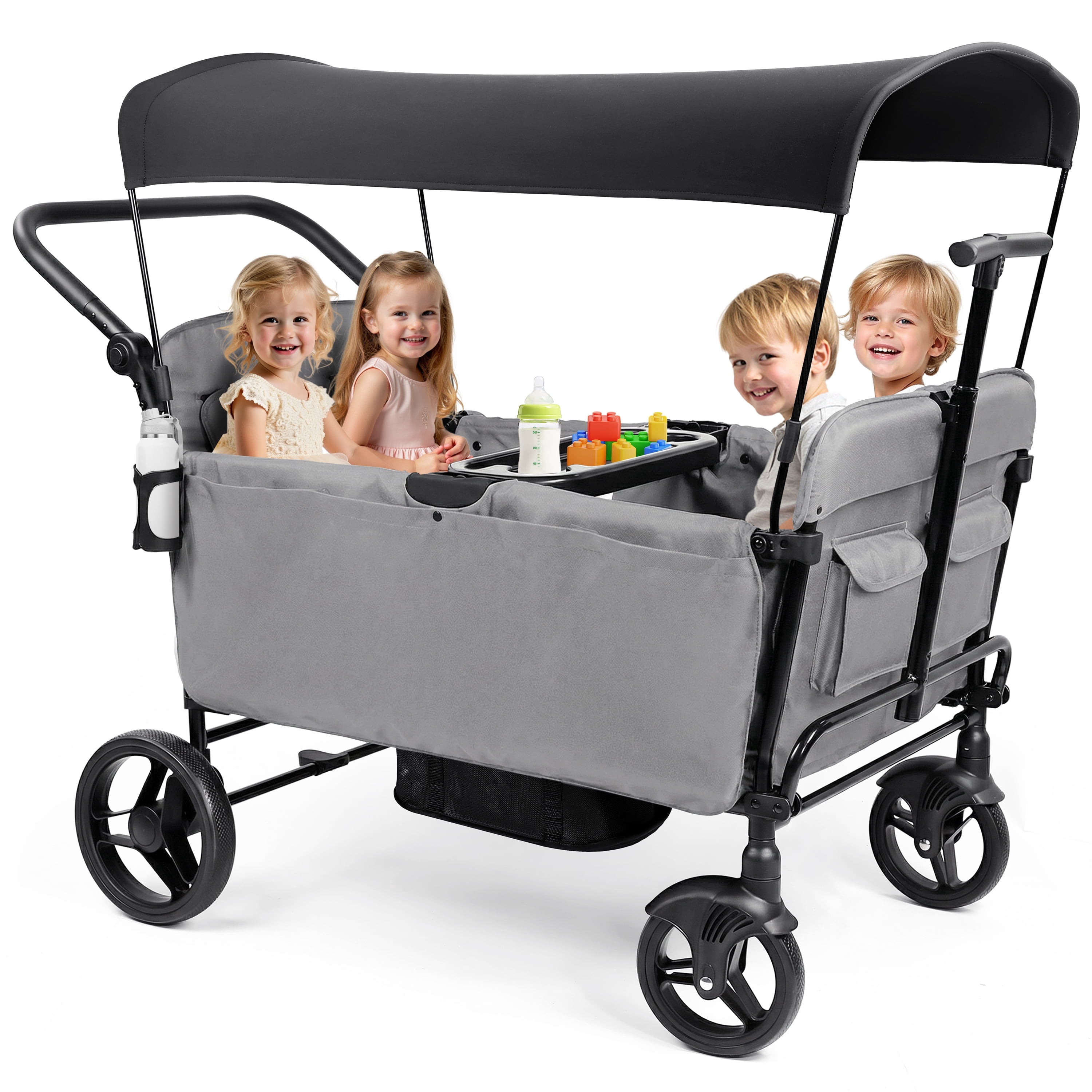 Vomeast Wagon Stroller for Kids,Spacious 4-Seater Stroller Wagon with Adjustable Canopy,Pull & Push Handle,5-Point Harness,Foldable for Toddlers, Gray