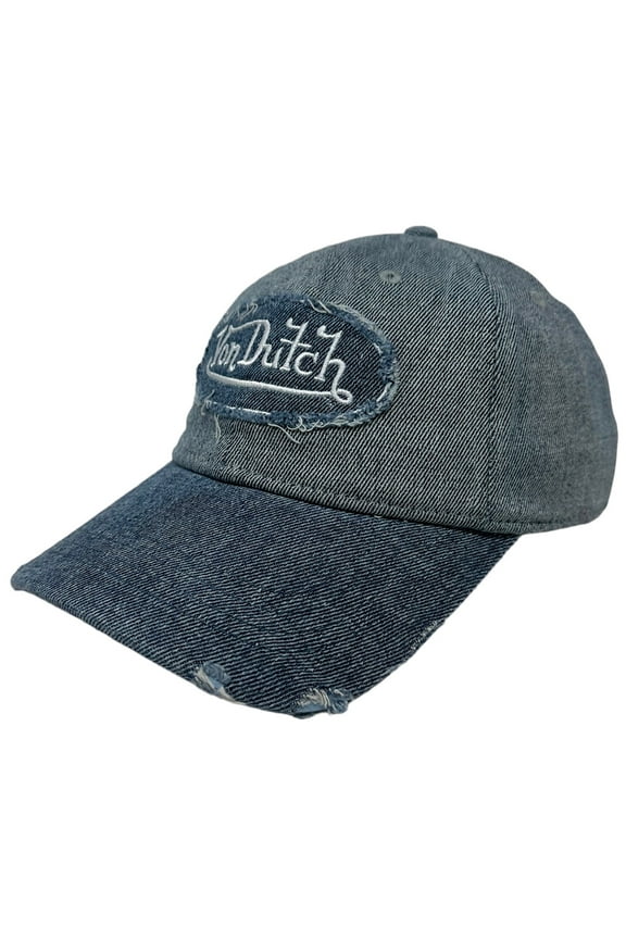 Strapback Hat Blue Denim Distressed Rips Unstructured Dad Cap