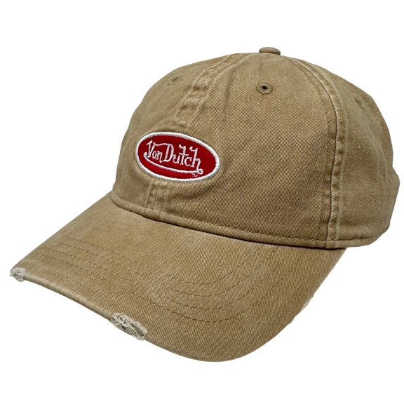 Von Dutch Strapback Hat Tan Khaki Washed Distressed Rips Unstructured Dad Cap