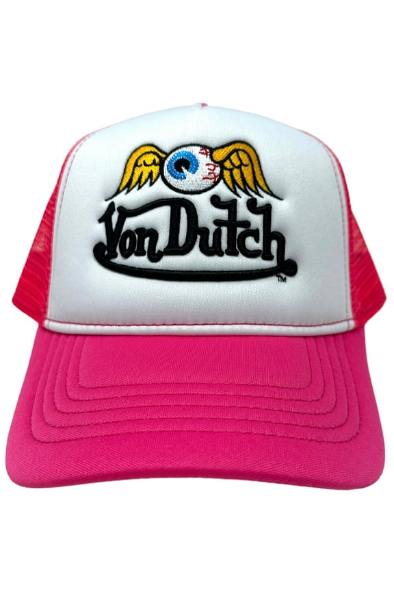 Trucker Hat Hot Pink Flying Eyeball Wordmark Embroidered Snapback Cap