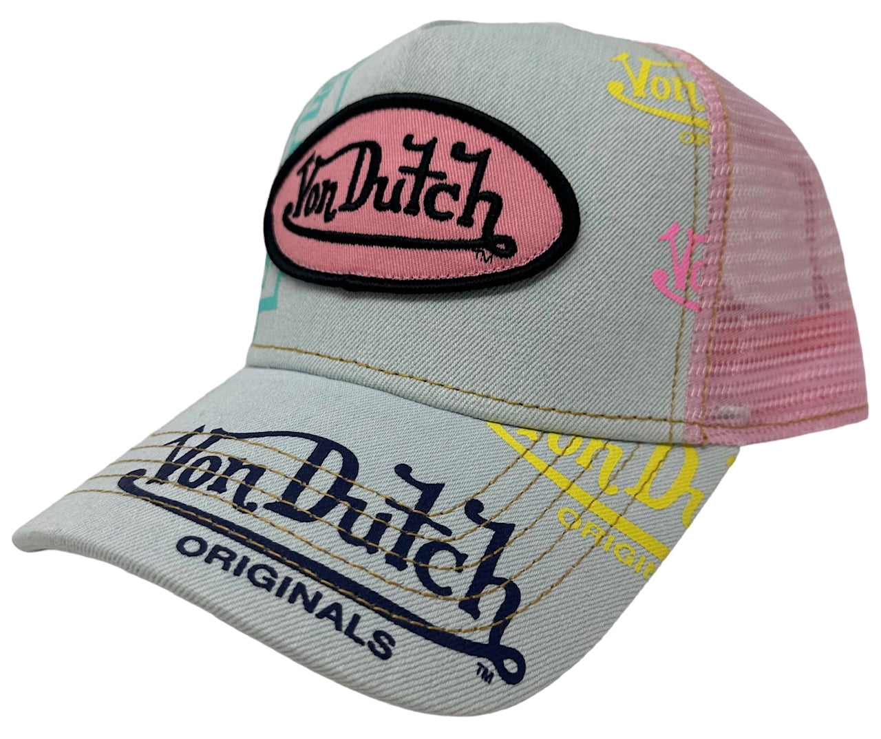 Von Dutch Trucker Hat Light Denim Pink Embroidered Logo Cap