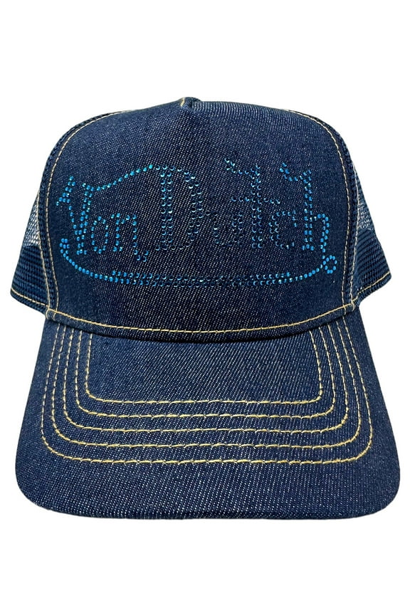 Trucker Hat Navy Denim Blue Rhinestone Logo Snapback Mesh Cap