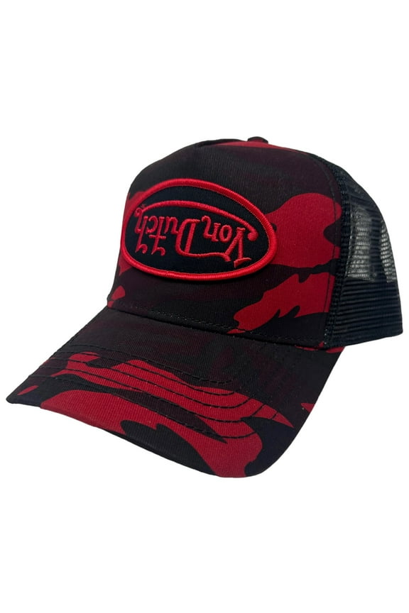 Trucker Hat Red Rambo Camo Embroidered Upside Down Logo Patch Mesh Cap