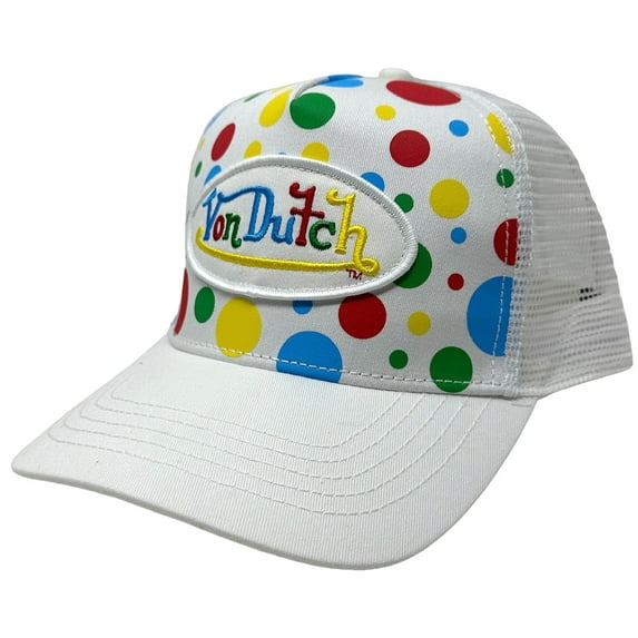 Von Dutch Trucker Hat White Polka Dot Embroidered Logo Patch Snapback Mesh Cap