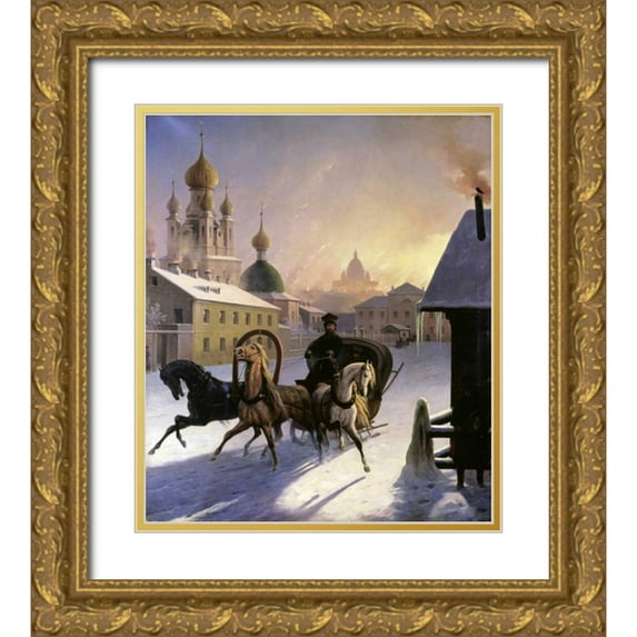 Von Hampein, Carl 26x30 Gold Ornate Wood Framed with Double Matting Museum Art Print Titled - Troika on St. Petersburg Street
