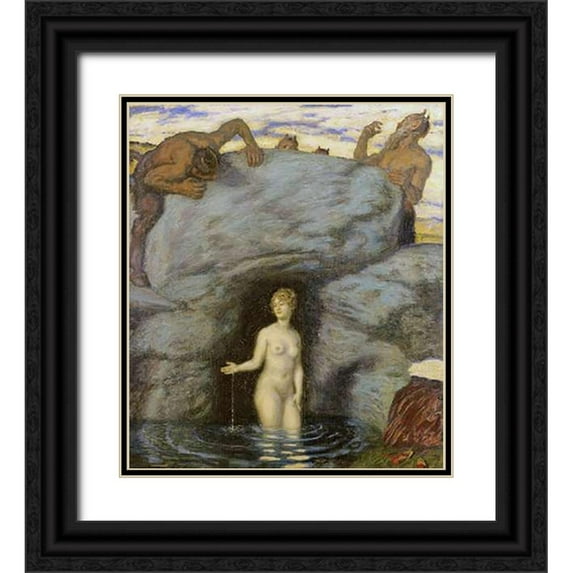 Von Stuck, Franz 15x17 Black Ornate Wood Framed with Double Matting Museum Art Print Titled - Quellnymphe Von Faunen Belauscht