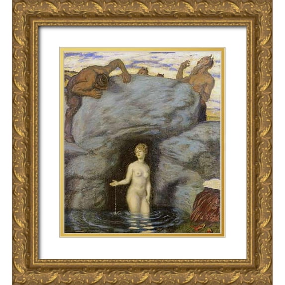 Von Stuck, Franz 26x30 Gold Ornate Wood Framed with Double Matting Museum Art Print Titled - Quellnymphe Von Faunen Belauscht