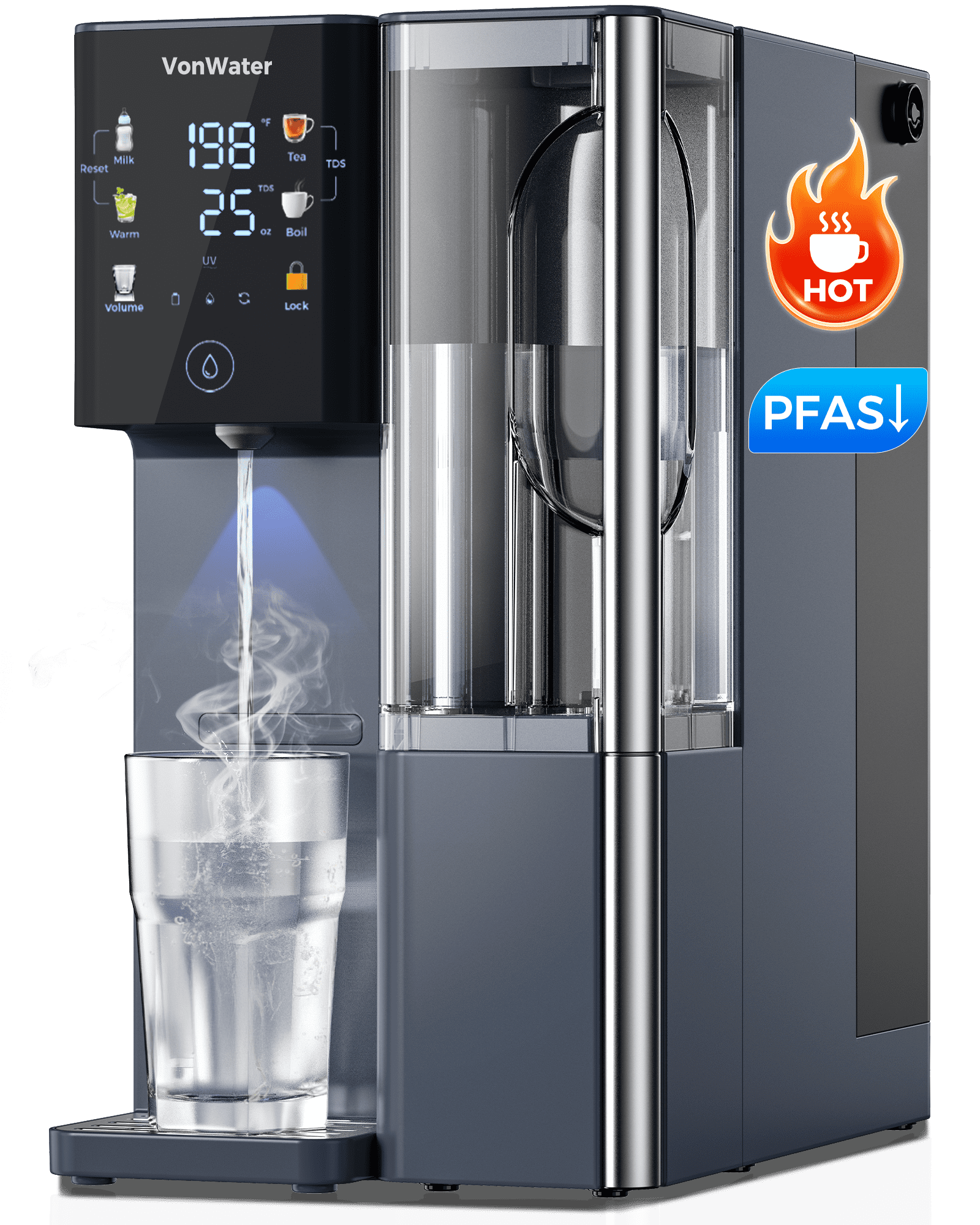 VonWater Instant Hot Reverse Osmosis Water Filter Countertop, 3S Instant Heating, 7-Stage Water Purifier With Removable Pitcher, NSF/ANSI 372, Reduce TDS PFAS, No Installation