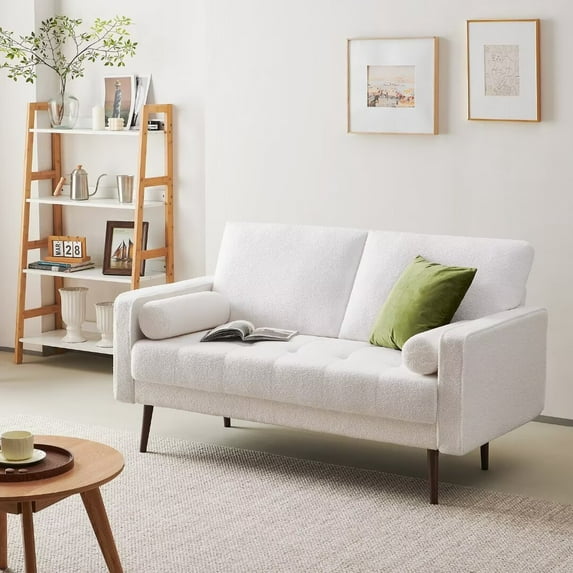 Vonanda 56" Loveseat Small Couch, Mid-Century 2 Seater Sofa Velvet Boucle Couch with Hand-Stitched Comfort Cushion and Bolster Pillows for Living Room, Loveseat Boucle White