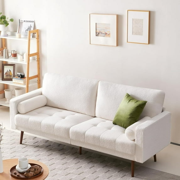 Vonanda 73'' Boucle Couch Sofa, Mid-Century Modern 3 Seaters Upholstered Couches with Bolster Pillows for Living Room, Breathable Lounge Sofa for Small Apartments, Home Office, White