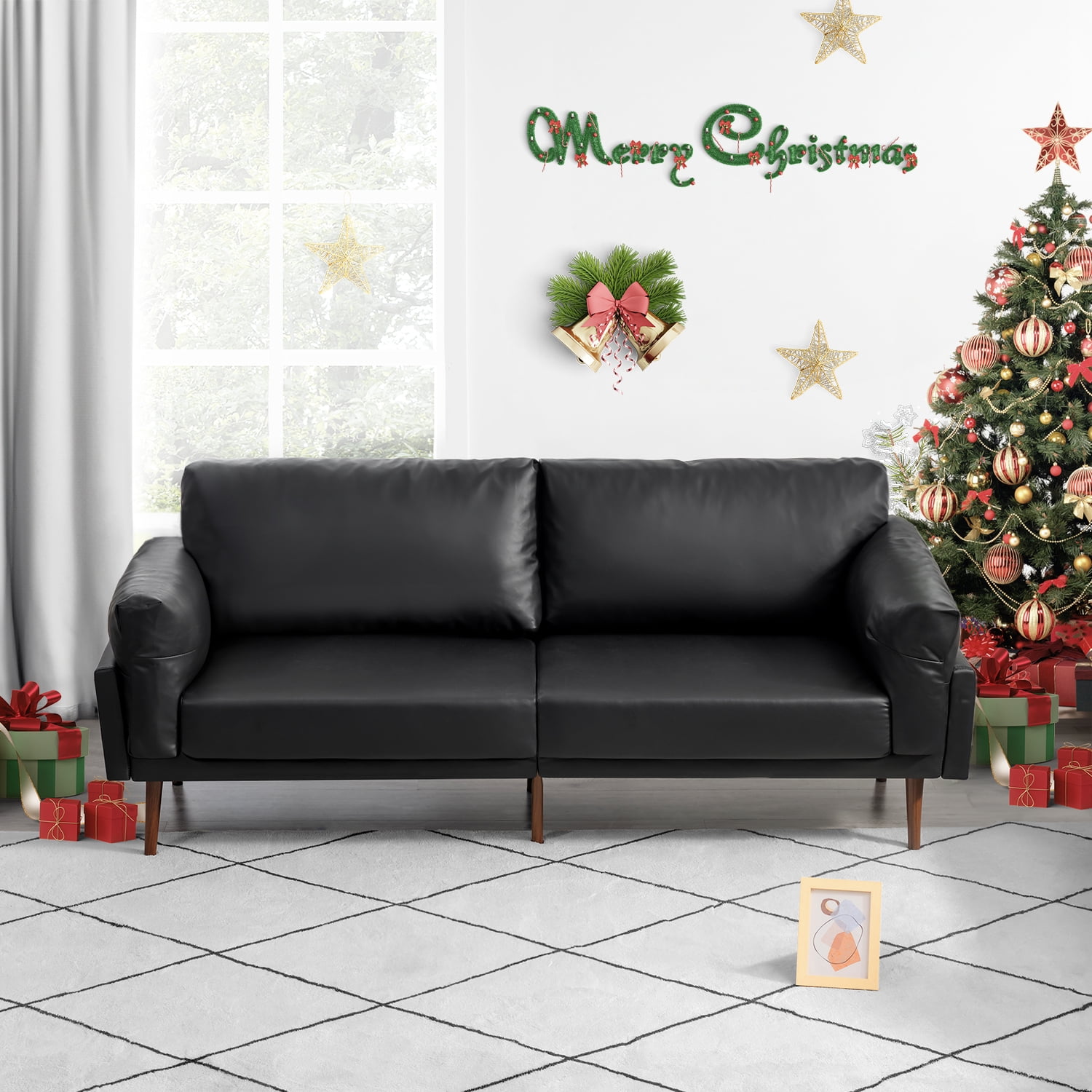 Living Room with Black Leather Sofas  Christmas decorations living room,  Leather sofa living room, Black leather sofas