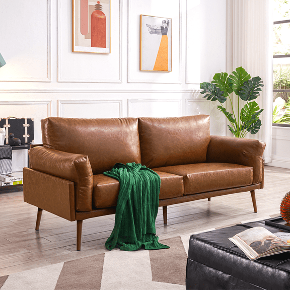 Vonanda Faux Leather Sofa Couch, 73'' Mid-Century Modern 3-Seater Sofa, Large Couch with Thick Cushion and Armrest Detachable Sleeper Sofa for Living Room, Apartment, Lounge Room, Office (Caramel)