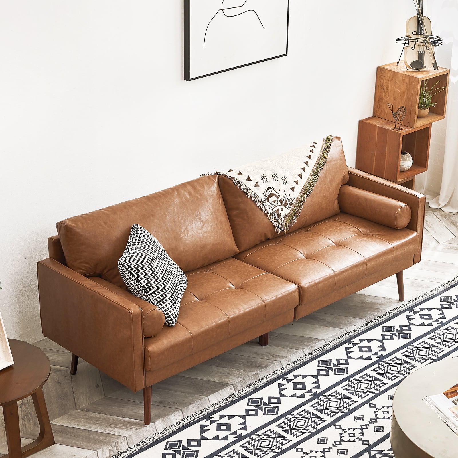 Busk bønner Tomat Vonanda Faux Leather Sofa Couch, Mid-Century 73 inch 3-Seater Sofa with 2  Bolster Pillows and Hand-Stitched Cushion for Living Room, Caramel -  Walmart.com