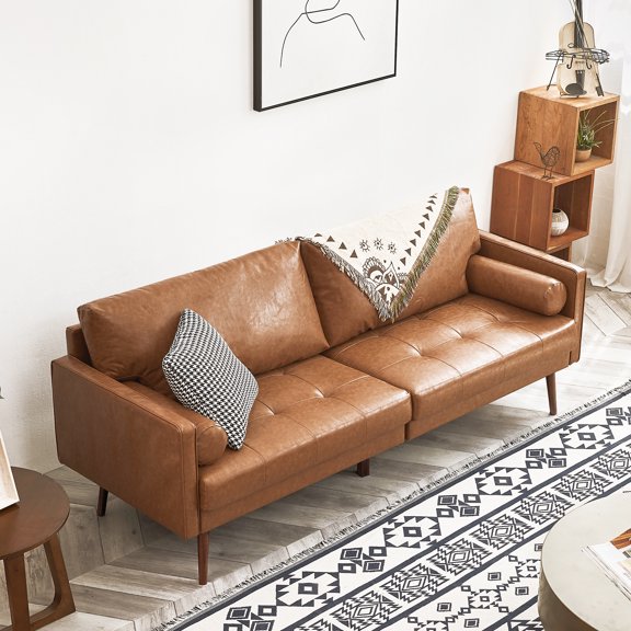 Vonanda Faux Leather Sofa Couch, Mid-Century 73 inch 3-Seater Sofa with 2 Bolster Pillows and Hand-Stitched Cushion for Living Room, Caramel