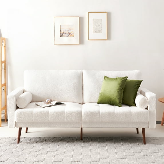 Vonanda Velvet Boucle Sofa Couch, Mid-Century 73 Inch 3 Seater Couch with Hand-Stitched Comfy Cushion and Bolster Pillows for Living Room, Elegant Boucle White