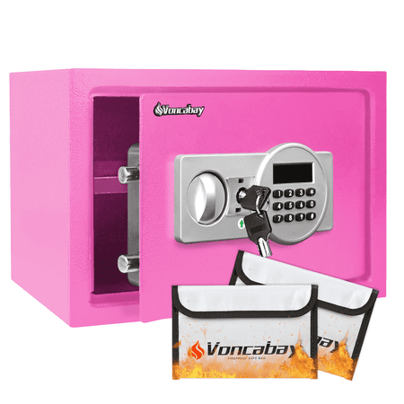 Voncabay Fireproof Safe Box with Digital Keypad, Pink Steel Security Safe, 13.85 x 9.85 x 9.85 in, Removable Shelf, 2 Fireproof Money Bags