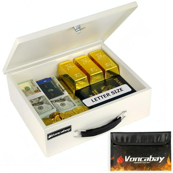 Voncabay Money Safe Box for Home & Fireproof Money Bag, 0.33 Cubic Feet Lock Box with Keys, Portable Fireproof Document Safe with Handle for Jewelry, Cash, Gun & Other Personal Items, White