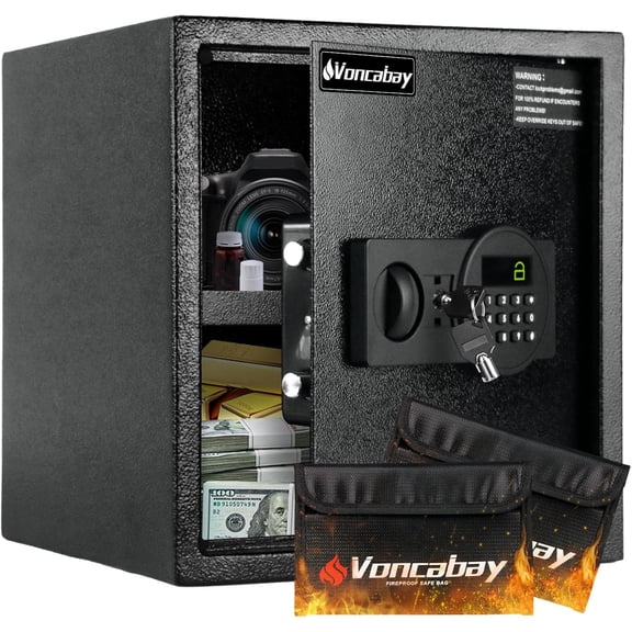 Voncabay Money Safe Box for Home with Sensor Light & Fireproof Money Bag - 1.5 Cubic Feet Security Safe Box with Digital Keypad, Keys & Pass Code Lock Black