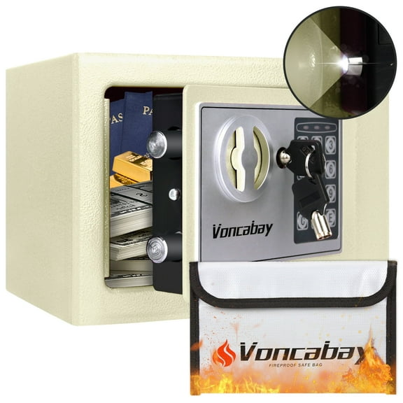 Voncabay Money Safe Box for Home with Sensor Light & Fireproof Security Safe Box for Money Safe with Keys & Pass Code, Lock Box Fireproof Safe with Digital Keypad White