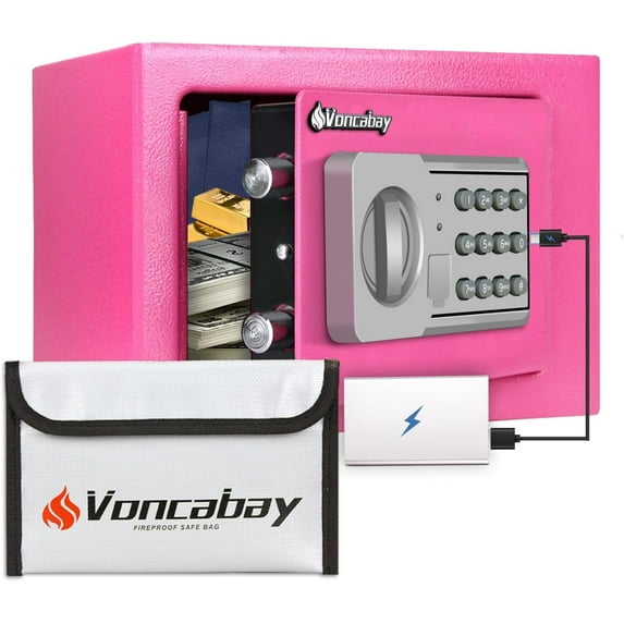 Voncabay Money Safe Box for Home with Sensor Light and Mute Function & Fireproof Security Safe Box with Emergency Power Outlet & with Digital Keypad-pink