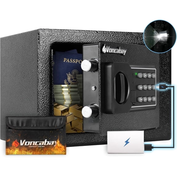 Voncabay Fireproof Money Safe Box with Digital Keypad, Sensor Light, Mute Mode & Emergency Power