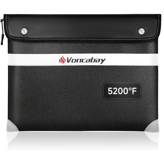 Voncabay Upgraded 5200℉ Fireproof Document Bag with Reflective Strip, 14.2" x 11", Black