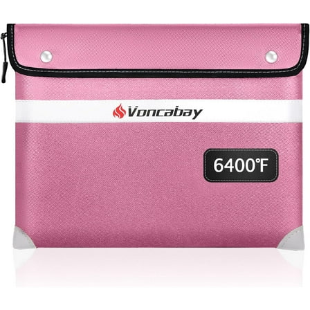 Voncabay Upgraded 6400℉ Fireproof Document Bag with Reflective Strip, 14.2" x 11", Pink