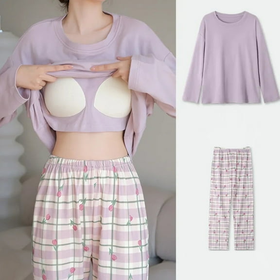 Voncos Cotton Blend Pajamas for Women Long Sleeve Tops and Pants Loungewear 2 Piece Cozy Sleepwear Sets - Purple