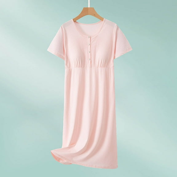 Voncos Cotton Maternity Nightgown for Women, Short Sleeve Loose Knee-Length Sleepwear, A-Line Soft Postpartum Loungewear for Pregnancy Pink 2XL